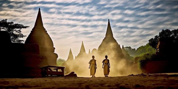 Silhouette junger buddhistischer Anfängermönche, die bei Sonnenaufgang in Myanmar mit Pagoden im Hintergrund spazieren gehen