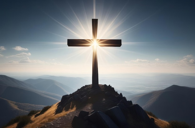 Silhouette Kreuz auf dem Berg in den Sonnenstrahlen Ostern Konzept