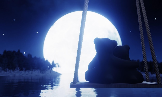 Silhouette Liebhaber Teddybären umarmen und sitzen auf Schaukeln Vollmondnacht Viele Sterne