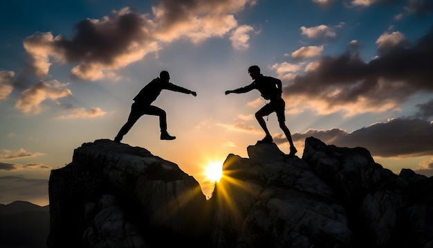 Foto silhouette mann springt über klippen für ich kann es tun gute denkweise durch nie aufgeben konzept