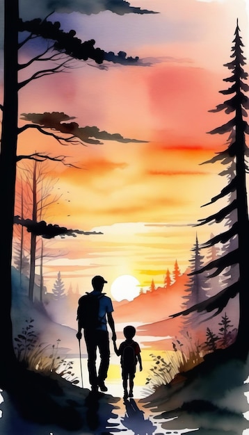 Silhouette Mann und ein Junge Vater und Sohn gehen im Wald wandern Vatertag Konzept Banner Poster