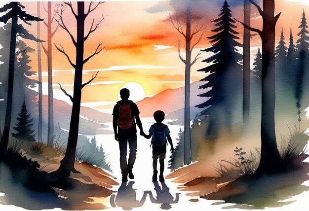 Silhouette Mann und ein Junge Vater und Sohn gehen im Wald wandern Vatertag Konzept Banner Poster