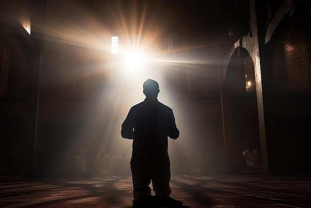 Silhouette muslimischer Mann, der in der Moschee betet