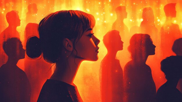 Silhouette of a woman against a vibrant abstract background filled with figures