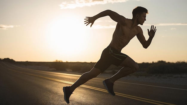 Foto silhouette of young man running sprinting on road fit runner fitness runner during outdoor workout