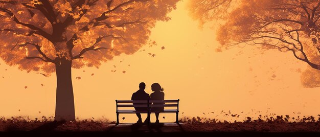 Silhouette-Paar sitzt auf einer Bank unter einem Herbstbaum