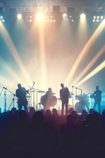 Silhouette People Group bei einem Musikkonzert. Jubelnde Menschenmenge bei einem Konzert vor hellen Lichtern