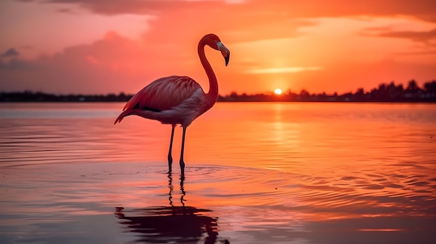 Silhouette roter amerikanischer Flamingovögel im Wasser und Spiegelung im Abendsonnenuntergang in einem großen See