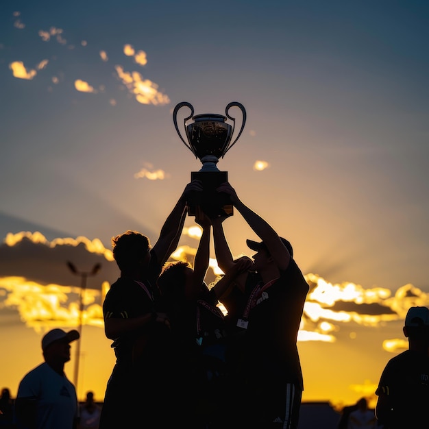 Foto silhouette-spieler heben in der dämmerung die meisterschaftstrophäe