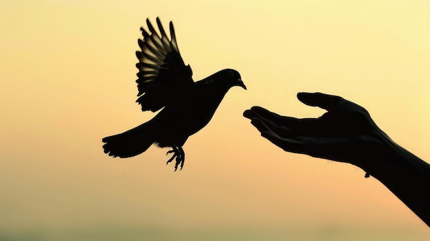 Foto silhouette taube fliegen aus zwei hand und freiheit konzept und internationalen tag