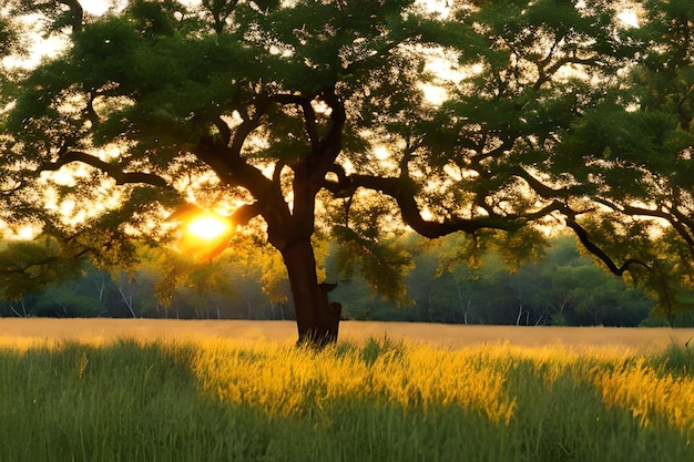 Silhouette von Akazienbäumen bei einem dramatischen Sonnenuntergang in Afrika