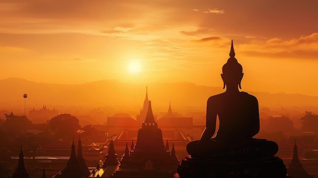 Silhouette von Buddha und Tempel mit Sonne, die von hinten scheint