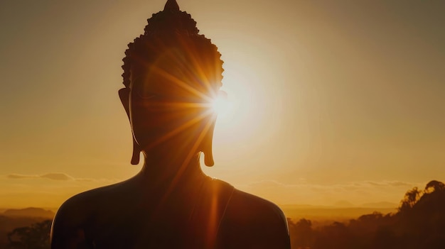 Silhouette von Buddha und Tempel mit Sonne, die von hinten scheint