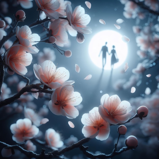 Silhouette von Couple39s mit Mondlicht-Kirscheblüten