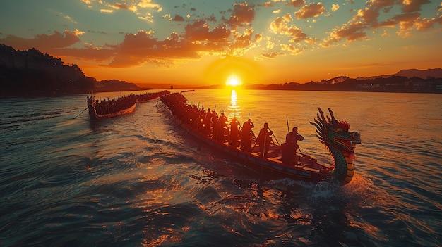 Silhouette von Drachenbooten bei Sonnenuntergang mit Paddlern in Aktion