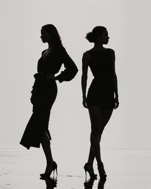 Foto silhouette von drei frauen in schwarz-weißen kleidern studio-aufnahme ai generative