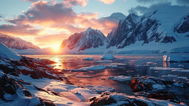 Silhouette von entfernten Gipfeln, das Sonnenlicht verblasst, gefrorene Landschaft, Wildtiere in der Dämmerung, hochdetailliertes Antarktis-Panorama, generative KI
