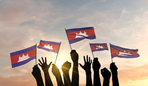 Silhouette von erhobenen Armen, die eine Kambodscha-Flagge mit Stolz d-Rendering schwenken