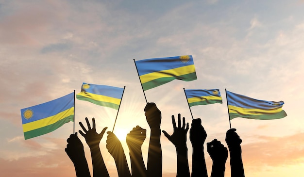 Silhouette von erhobenen Armen, die eine Ruanda-Flagge mit Stolz d-Rendering schwenken