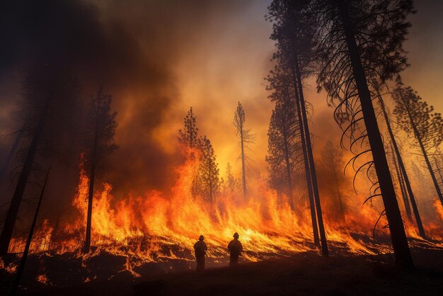 Silhouette von Feuerwehrleuten vor dem Hintergrund eines brennenden Waldes