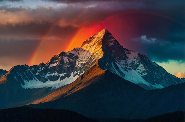 Silhouette von Gipfeln mit lebendigem Regenbogen