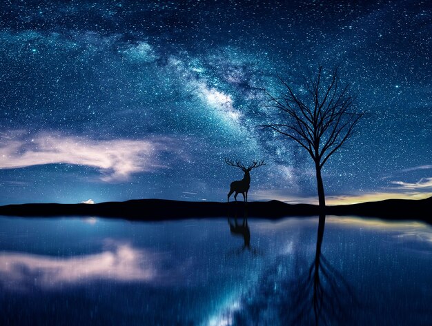 Foto silhouette von hirschen, die sich in einem see gegen den sternenhimmel nachts widerspiegeln