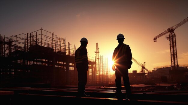 Silhouette von Ingenieur und Arbeiter, die das Projekt im Hintergrund der Baustelle überprüfen