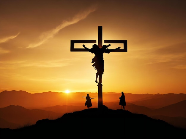 Silhouette von Jesus mit Kreuz über dem Kalvarienberg ai erzeugt