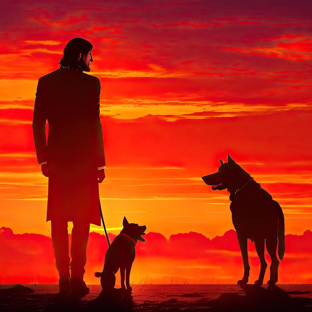 Silhouette von John Wick mit seinem Hund vor dem Hintergrund des Sonnenuntergangs
