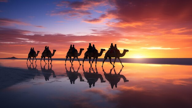Silhouette von Kamelen beim Sonnenuntergang am Strand