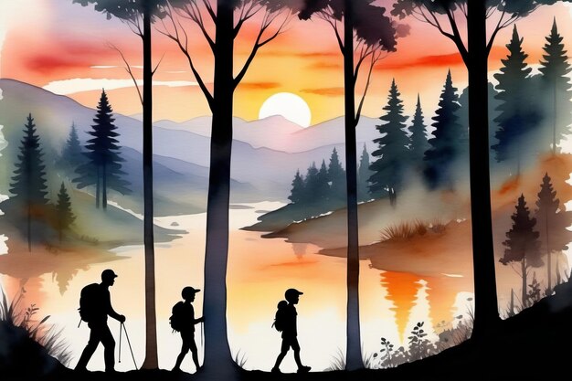 Silhouette von Mann und Kindern, die im Wald wandern, Vatertag-Konzept, mit dem sie Zeit verbringen