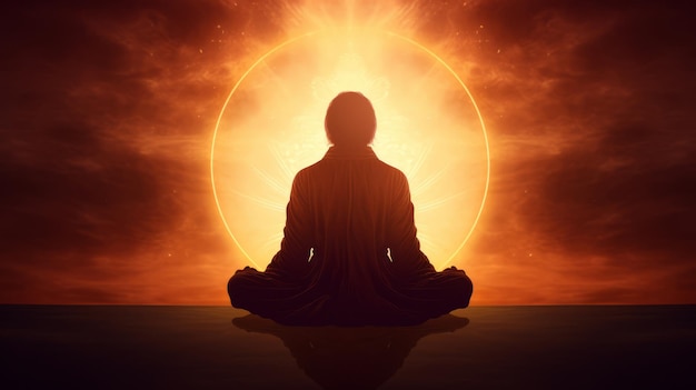 Silhouette von Meditationen auf dem Hintergrund der Sonne Ein Mann meditiert beim Sonnenuntergang