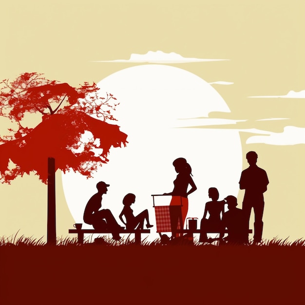 Silhouette von Menschen, die an einem Picknicktisch im generativen Gras sitzen