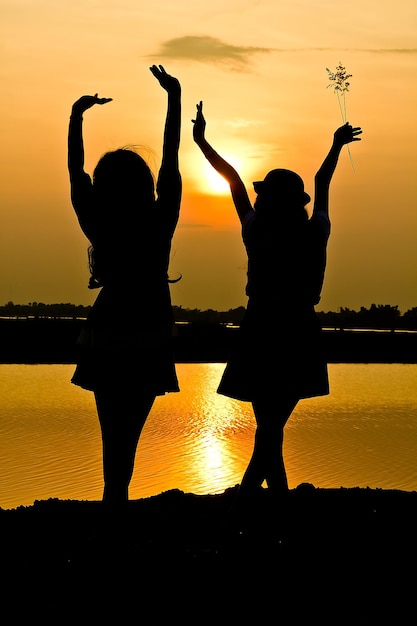 Foto silhouette von menschen, die bei sonnenuntergang am see gegen den himmel stehen