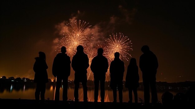 Silhouette von Menschen, die Feuerwerk betrachten