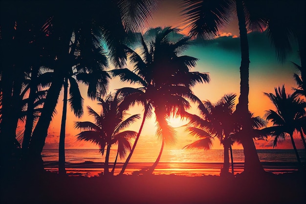 Silhouette von Palmen am Strand bei Sonnenuntergang timegenerative ai