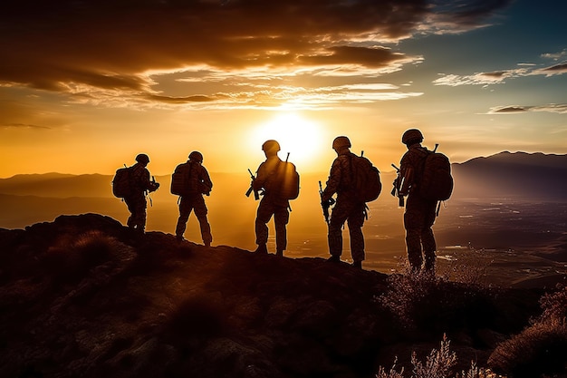 Silhouette von Rangern der US-Armee auf einem Berg bei Sonnenuntergang mit Sonnenlicht