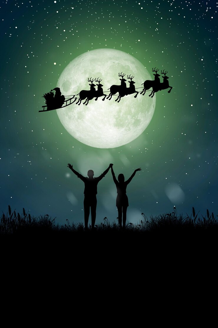 Foto silhouette von santa claus in der nacht weihnachten mit paartanzen unter dem vollmond