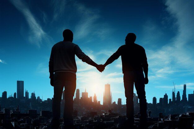 Silhouette von schwulen Männern, die ihre Hände miteinander verflochten, feiern die Liebe unter dem blauen Himmel der Stadt.