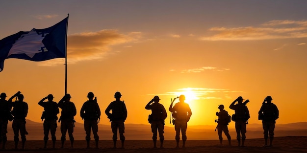 Silhouette von Soldaten, die gegen den Sonnenaufgang in der Wüste und die palästinensische Flagge grüßen