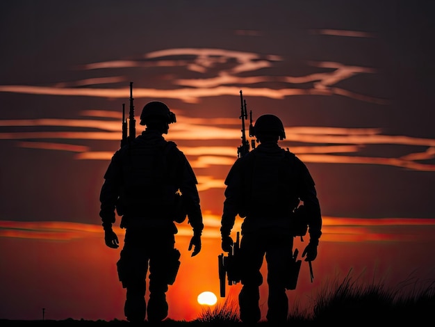 Silhouette von Soldaten mit einer amerikanischen Flagge