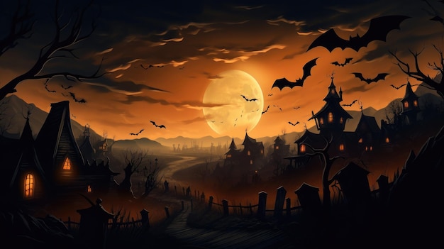 Silhouette von Spukhausfledermäusen und gruseligen Bäumen auf orangefarbenem Hintergrund. Halloween-Design, erstellt mit generativer KI