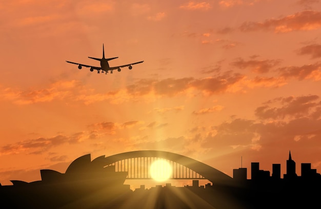 Silhouette von Sydney und dem Flugzeug, das zur Landung kommt. Tourismus- und Erholungskonzept