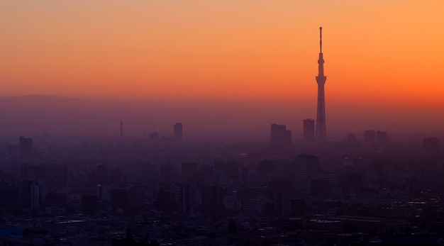 Silhouette von Tokyo Sky Tree Building und Landschaftsstadt im Abendsonnenuntergang.