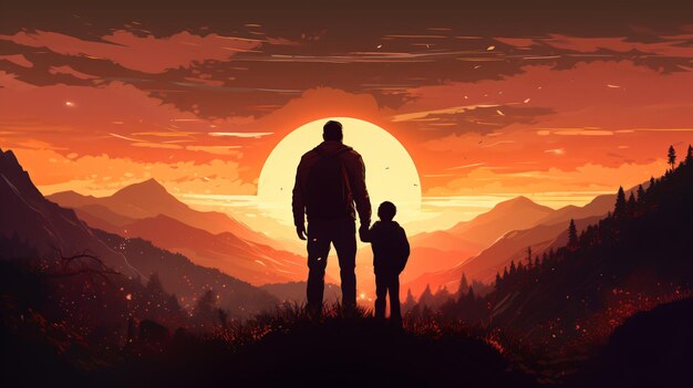 Silhouette von Vater und Sohn, die auf dem Berg stehen