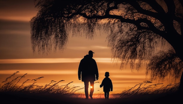 Silhouette von Vater und Sohn vor dem Hintergrund der Sonnenuntergangsnatur