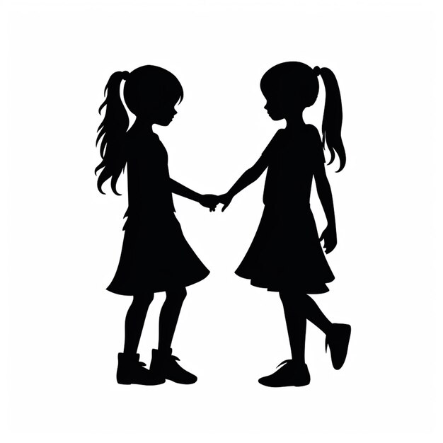 Silhouette von zwei kleinen Mädchen, die sich die Hände halten und nebeneinander stehen.