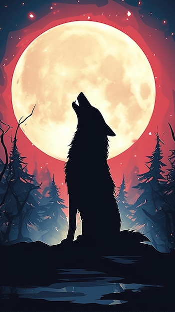 Silhouette Wolf heult am Mond im Wald Vertikale mobile Tapete