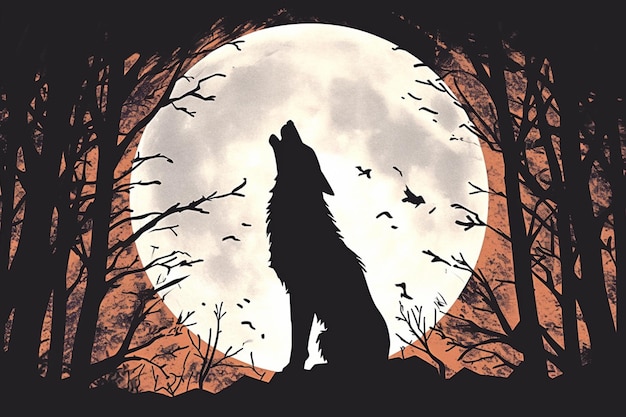 Silhouette Wolf heult am Mond im Wald