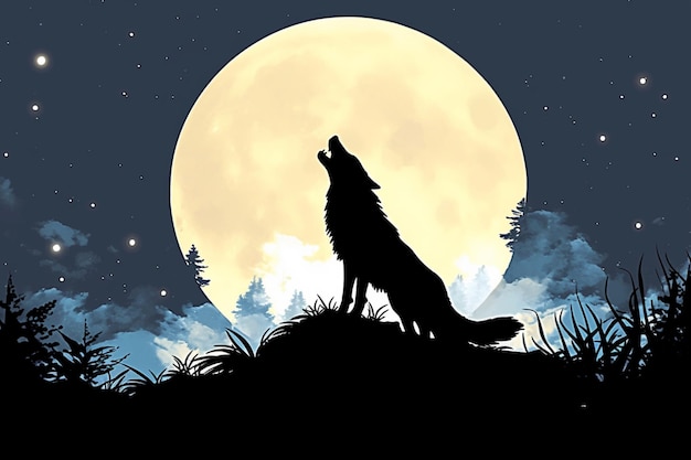 Foto silhouette wolf heult am mond im wald